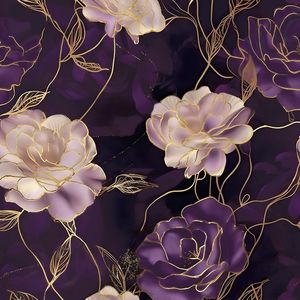 Carta da Parati Adesiva Floreale Scura Viola/Oro con Rose, Rivestimento Murale Impermeabile Autoadesivo - Product Image 1