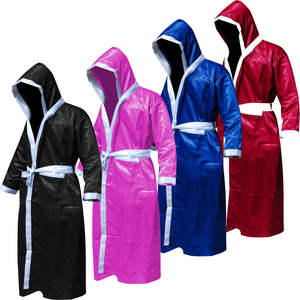 เสื้อคลุมมวยแบบมีฮู้ดสำหรับผู้ชาย สีน้ำเงินผ้าซาติน แต่งขอบสีขาว ใส่สบายสำหรับการฝึกซ้อมทุกฤดู เสื้อคลุมออกกำลังกายสำหรับนักมวยแบบสั่งทำพิเศษ - Product Image 5