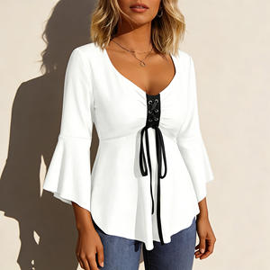 Vente flash sur la tunique décontractée pour femmes Temu, col en V, manches cloche, laçage sur le devant, pour un usage quotidien et des tenues quotidiennes. - Product Image 3