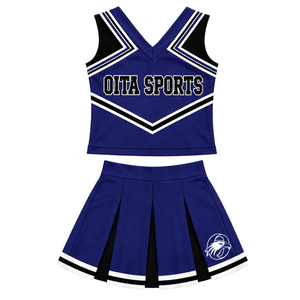 Ensemble d'uniforme de cheerleading bleu roi, noir et blanc, avec crop top sans manches à col en V et jupe plissée, pour spectacle de danse et équipe de cheerleading - Product Image 1