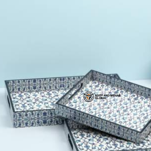Ensemble de 3 plateaux de service de cuisine en émail géométrique bleu, plateaux décoratifs en MDF, design élégant, adaptés aux aliments - Product Image 2