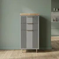 Meuble de salle de bain moderne en bois de manguier massif avec panneaux frontaux cannelés, plateau en bois naturel, armoire de rangement fine autoportante