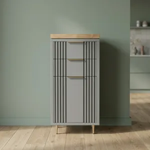 Modern Solid Mango Wood Bathroom <b>Cabinet</b> with Fluted Front Panels Natural Wooden Top <b>Slim</b> Storage Cupboard Freestanding - Product Image 1