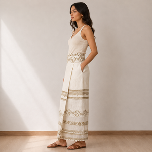 <b>Womens</b> Linen Blend Wrap <b>Skirt</b> Tribal Embroidery Adjustable Fit Lightweight Breathable Casual Elegant Boho Style | Summer Wear - Product Image 2