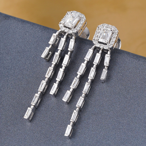 2.27 CT <b>Emerald</b> Cut Lab Grown Diamond Halo Baguette Fringe Drop Earrings in 14K Yellow Gold - Product Image 2