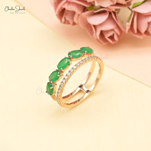 Anillo Apilable de Doble Aro con Esmeralda Natural de Corte Ovalado de 5x3mm y Halo de Diamantes en Oro Rosa de 14k, Joyería de Compromiso, Tendencia Actual - Product Image 3