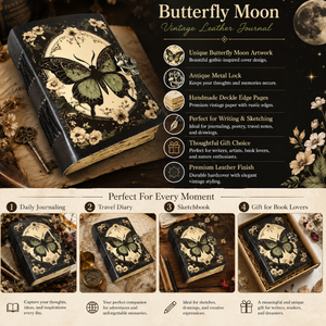 Butterfly Moon Handmade <b>Leather</b> <b>Diary</b> | Hardcover Journal with Antique Lock & Deckle Edge Pages | Celestial Gothic Notebook Gift - Product Image 5