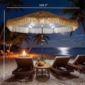 Ombrellone da Patio Tiki in Paglia Khaki da 2,7 m con Luce Solare a LED, Manovella per Inclinazione, Protezione UPF30+ e Base Inclusa - Product Image 3