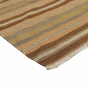 Tapis tissé à la main beige et marron à rayures, avec motifs géométriques et franges - Product Image 2