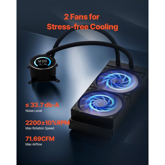 "120mm AIO CPU Liquid Cooler with 3-Pin Power Interface 1.8FT Display Max. 2200RPM Black Efficient"
