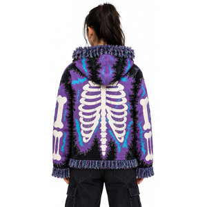 Purple <b>Gothic</b> Skeleton Print Hoodie Women's Winter Zip-Up Fleece <b>Jacket</b> With Fur Trim Full Sleeve Design Hoodie - Product Image 4