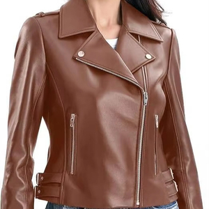 Women's Brown PU Leather Moto <b>Jacket</b> Full Sleeve Brown Plus Size Style <b>Ladies</b> Leather Outerwear In 2026 - Product Image 1