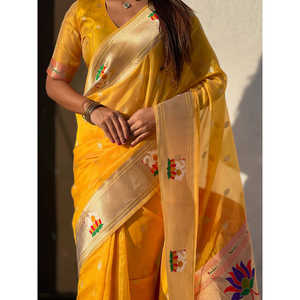 Sari de soirée tissé en soie Paithani Zari, organza jaune Elite Weaves, 450g - Product Image 1