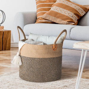 Cesta de Almacenamiento Mini de Yute Estilo Boho Gemini con Asas de Cordón, Cierre de Cremallera a Rayas, Color Beige Natural y Negro, Tejida - Product Image 4