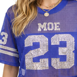 OEM Breathable Eyelet Mesh See Through Crop <b>Top</b> American Football Jersey Custom <b>Rhinestone</b> Letter Print Boxy Sport Y2K Bling Tee - Product Image 4