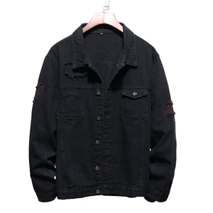 Veste en jean noire pour homme 100 % coton, décontractée, couleur unie, col rabattu, coupe classique, manches effilochées, idéale pour l'hiver - Product Image 1