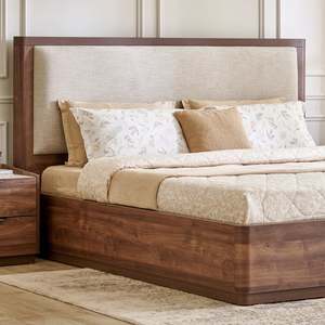 Solid Wood King <b>Bed</b> <b>Frame</b> Upholstered Headboard Oak Wood Traditional Design Beige Fabric Panel <b>Bed</b> - Product Image 3