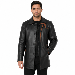 Veste en cuir véritable noire pour homme de qualité supérieure, mi-longue, style business décontracté, trench-coat, coupe-vent d'hiver, coupe ajustée, vêtement d'extérieur en cuir - Product Image 1