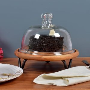 Support à gâteau en verre transparent Aqdus Saleem avec dôme, plateau rond en bois pour présentation de desserts avec pieds en métal, modèle Aq145 pour table de mariage ou de fête - Product Image 5