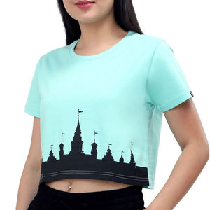 Crop top menthe pour femme avec imprimé silhouette de château, manches courtes, col rond, t-shirt décontracté - Product Image 1
