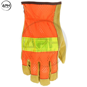 Nouveauté : Gants de travail haute visibilité à doigts complets en cuir véritable avec bande réfléchissante et logo personnalisé, en tissu mesh orange - Product Image 2