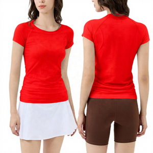 เสื้อยืดคอกลมแขนสั้นสำหรับผู้หญิง สีพื้น ระบายอากาศได้ดี เป็นมิตรกับสิ่งแวดล้อม แห้งเร็ว ผ้าสแปนเด็กซ์/ไนลอน ยับยาก ทรงเข้ารูป - Product Image 6