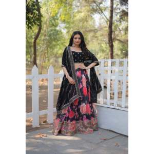 Exquisito impreso digital Faux Georgette Lehenga con hilo de lentejuelas pesadas bordado TRABAJO ROPA india y paquistaní - Product Image 4