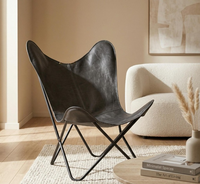 Silla Butterfly de Cuero Genuino Negro Premium, Estructura Metálica, Ligera, Moderna, para Comedor, Salón, Oficina y Hogar