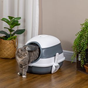 Lettiera per Gatti Coperta a Cupola Bianca e Grigia con Coperchio - Accessori Premium per Lettiera e Gatti - Product Image 1