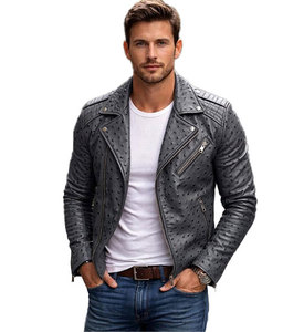 Chaqueta de Cuero para Hombre, Corte Ajustado, Piel de Vacuno Genuina con Grabado de Avestruz, Cuello Camisero, Cierre de Cremallera Resistente, Directo de Fábrica - Product Image 1