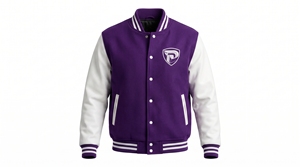 Veste universitaire pour homme de couleur violette avec manches blanches, logo brodé, fermeture à boutons sur le devant, style preppy, vêtement d'extérieur pour l'automne - Product Image 1