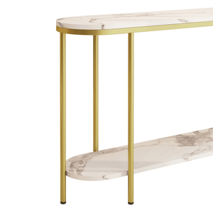 Consolle Moderna a 2 Livelli per Ingresso, Top in Finto Marmo Bianco con Struttura in Metallo Dorato, 107 cm x 29 cm, Ripiano Aperto per Ingressi di Hotel - Product Image 6