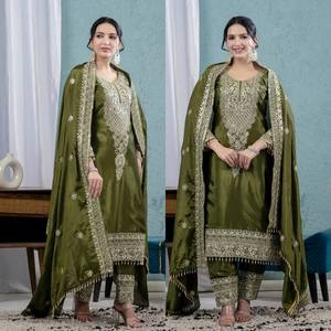 Designer Olive <b>Green</b> <b>Silk</b> Embroidery Salwar Kameez Heavy Dupatta for Wedding/Party Occasions Women Traditional Wear Quick Dry - Product Image 5