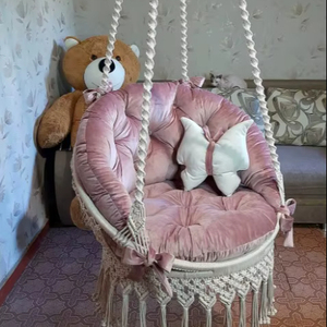 Macrame <b>Hanging</b> Hammock <b>Chair</b>, Pink Cushions, Butterfly Pillow - Product Image 1