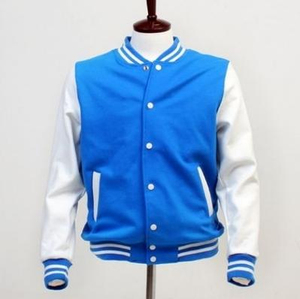 <b>Men</b> Custom Logos On Blue Varsity <b>Jackets</b> With White Sleeves And Stripes Casual Autumn Wear - Product Image 1