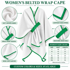 Poncho asymétrique Cosh International Sorority Sisterhood blanc avec bordure verte, col en V, manches chauve-souris, longueur midi, fermeture à ceinture, uni - Product Image 6