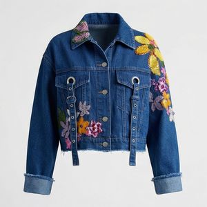 Vestes en jean matelassées pour femmes pour l'hiver Vestes de camionneur à motif floral brodé sur toute la surface Veste en jean pour hommes - Product Image 1