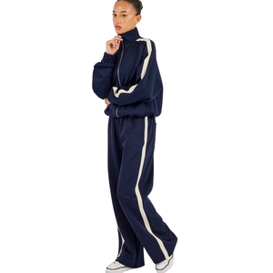 Womens Full <b>Zip</b> Stand Collar Tracksuit Set Contrast Stripe Wide Leg <b>Trousers</b> Drawstring Waist Two Piece Casual Streetwear Outfit - Product Image 1