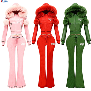 Conjunto de punto gofrado personalizado para mujer, atuendo de manga larga con ribete de piel, conjunto de chándal con chaqueta con cremallera y pantalón acampanado de pierna ancha - Product Image 6