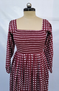 Maroon Cotton Check Maxi <b>Dress</b> Women Smocking Neck Long Sleeve <b>Loose</b> Comfortable Summer Casual Woven <b>Dress</b> - Product Image 2