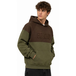 Sweat-shirt à capuche décontracté surdimensionné pour homme, marron olive, avec blocs de couleur et motif « Be Kind » en relief, pour l'automne - Product Image 5
