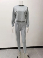Setelan atasan crop top hijau polos dan celana jogger wanita, setelan olahraga kasual lengan panjang, kerah kru, tali serut, saku samping, 100% katun