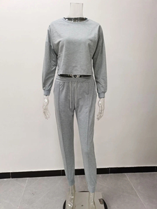 Women Solid Green <b>Crop</b> Top and <b>Jogger</b> Pants Set CasualTracksuit Full Sleeve Crew Neck Drawstring Side Pockets 100% Cotton - Product Image 6