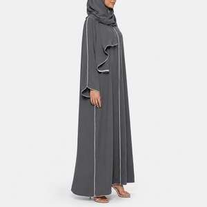 Premium Quality Of Open Front <b>Abaya</b> Set With Matching Hijab Ankle Length Long Sleeve White Piping Modest Women wear - Product Image 4