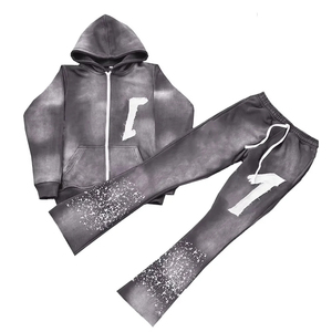 Custom Distressed Embroidery 100% Cotton Windproof Tracksuit Set Oversized Drop Shoulder Streetwear <b>Pullover</b> Acid Wash Hoodie - Product Image 2