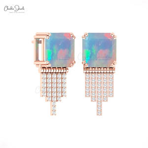 Trending Hot Product Natural 10mm Square Octagon Cut Ethiopian Opal <b>Drop</b> Earrings with 14k Solid Gold Diamond Push <b>Back</b> Earrings - Product Image 3