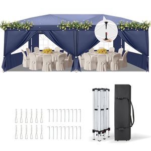 Tenda a baldacchino istantanea blu 3x6m con 6 pannelli laterali, 2 porte, 4 finestre in rete, telaio in acciaio verniciato a polvere 28/22mm, singolo 10x20mm - Product Image 1