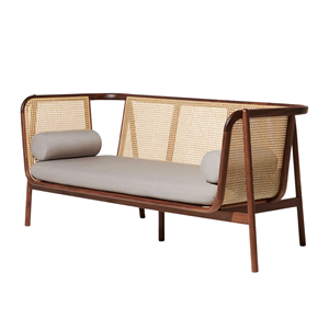 โซฟาไม้สักแท้สไตล์มิดเซ็นจูรี่ พร้อมพนักพิงหวายธรรมชาติและเบาะรองนั่งทรงกลม เฟอร์นิเจอร์ห้องนั่งเล่นทันสมัย - Product Image 2