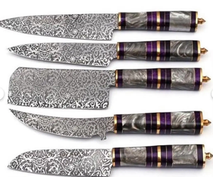 Ensemble de couteaux de chef professionnels 5 pièces en acier Damas gravé, ambidextres, ultra-affûtés, avec manche en résine polie – Couverts de cuisine haut de gamme - Product Image 2