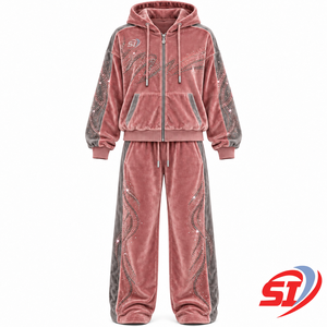 Premium Rose Smoke Royalty 280 GSM Velour <b>Velvet</b> Rhinestone Crystal Tracksuit Hoodie and Baggy Pants OEM Streetwear <b>Jogger</b> - Product Image 1